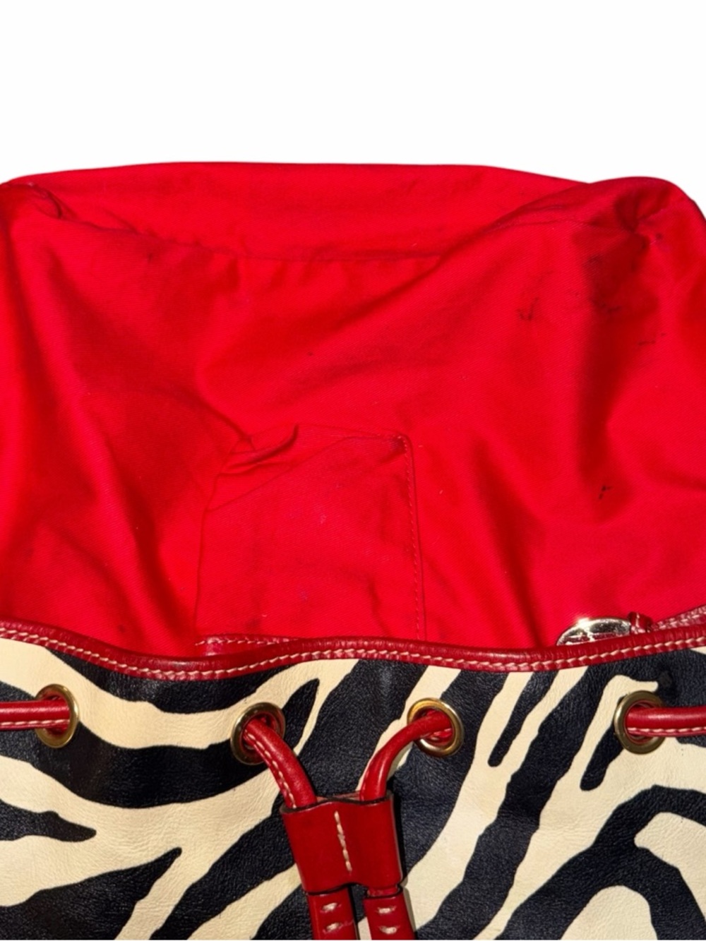 REHAB Dooney & Bourke Red Trim Zebra-Print Drawstring Bucket Bag - Picture 11 of 14